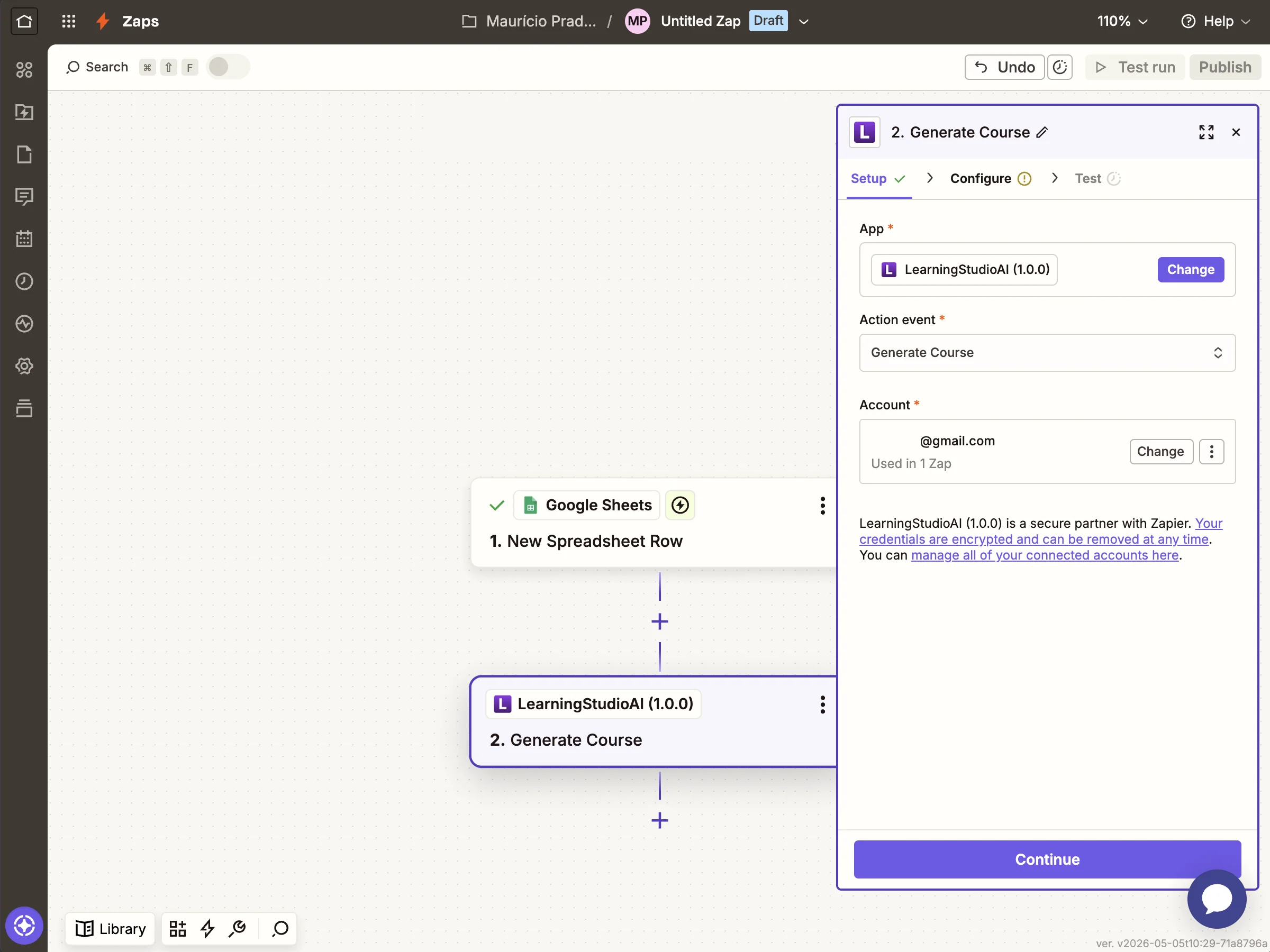 Adding the Generate Course action and connecting an API key