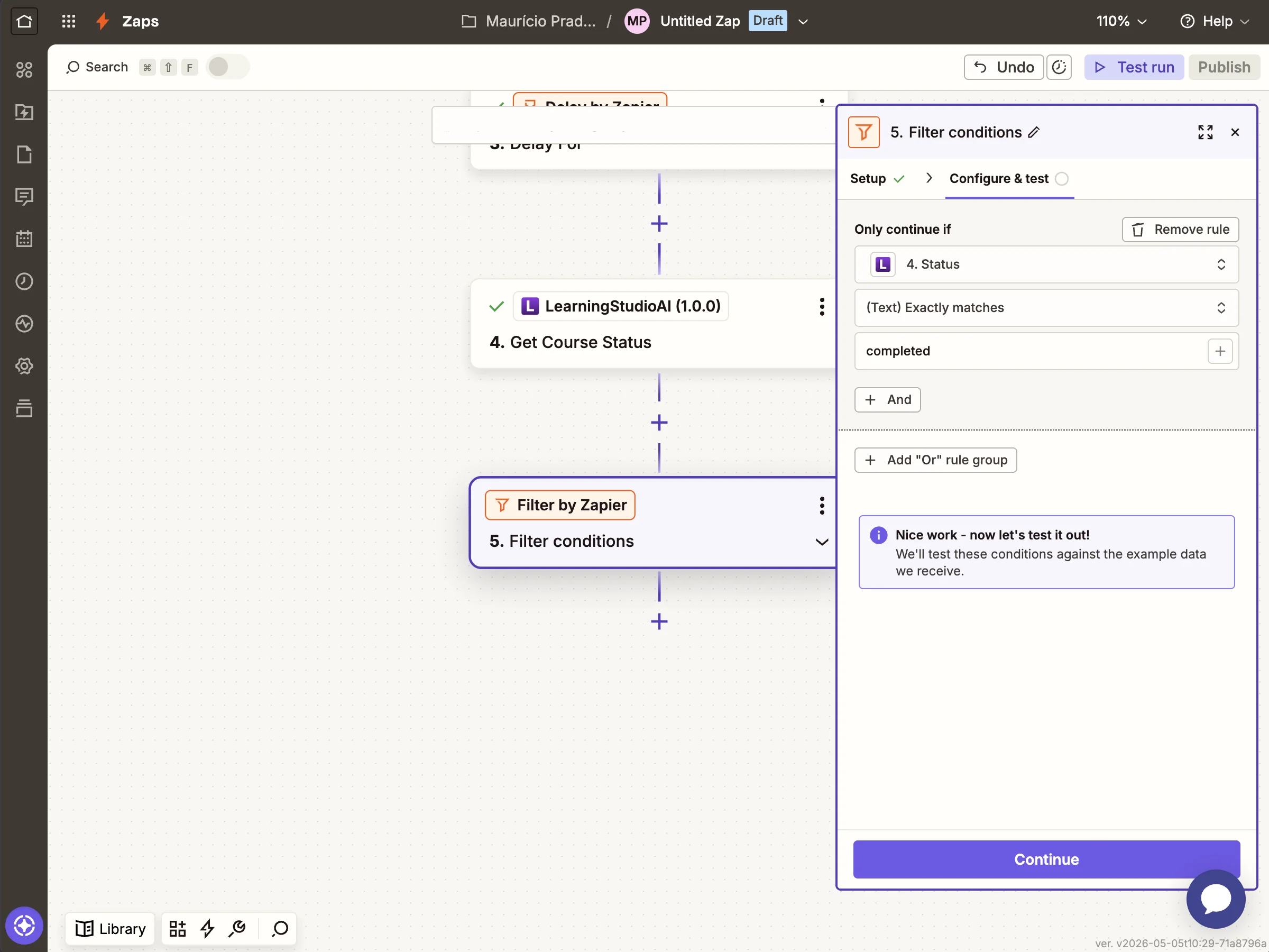 Filter step continuing only when status is completed