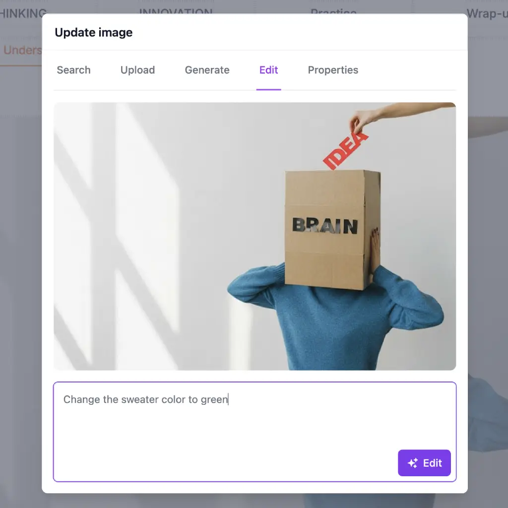 AI image editing interface showing an original generated image and the result after an edit instruction