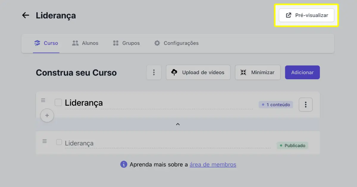 Pré-visualização da área de membros como o aluno verá