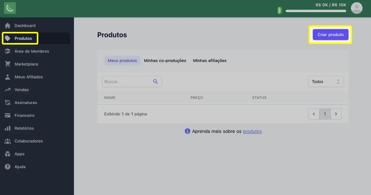 Dashboard da Kiwify mostrando menu lateral com opção Produtos