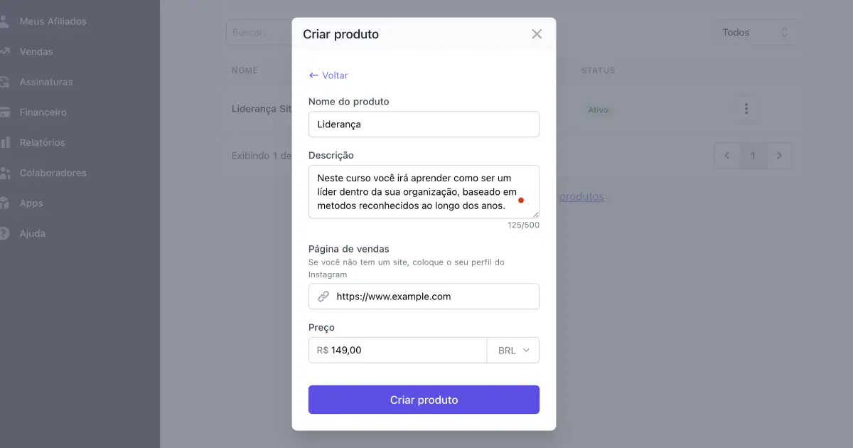 Formulário para preencher dados principais do curso