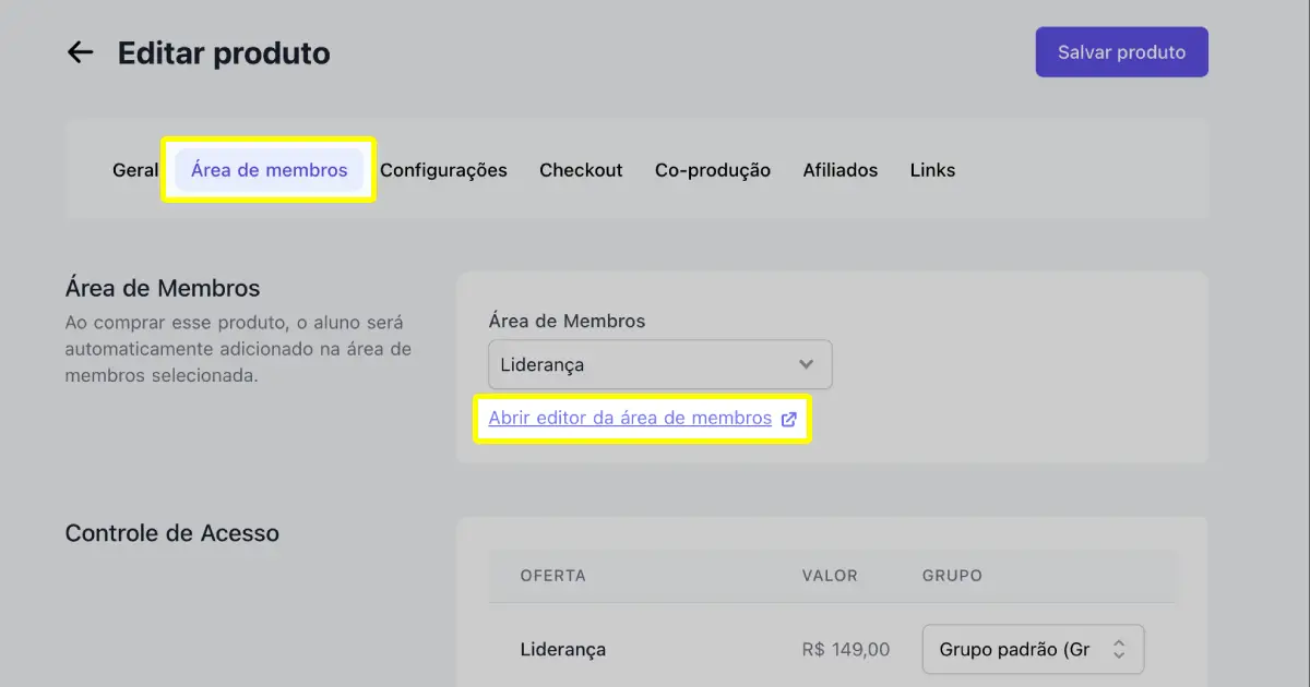Menu mostrando opção Área de membros e botão Abrir editor da área de membros