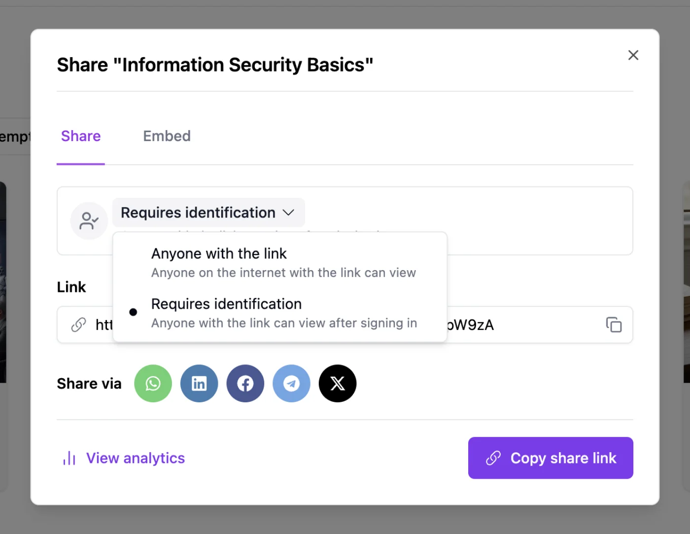 Share dialog with the access dropdown open, showing 'Anyone with the link' and 'Requires identification'