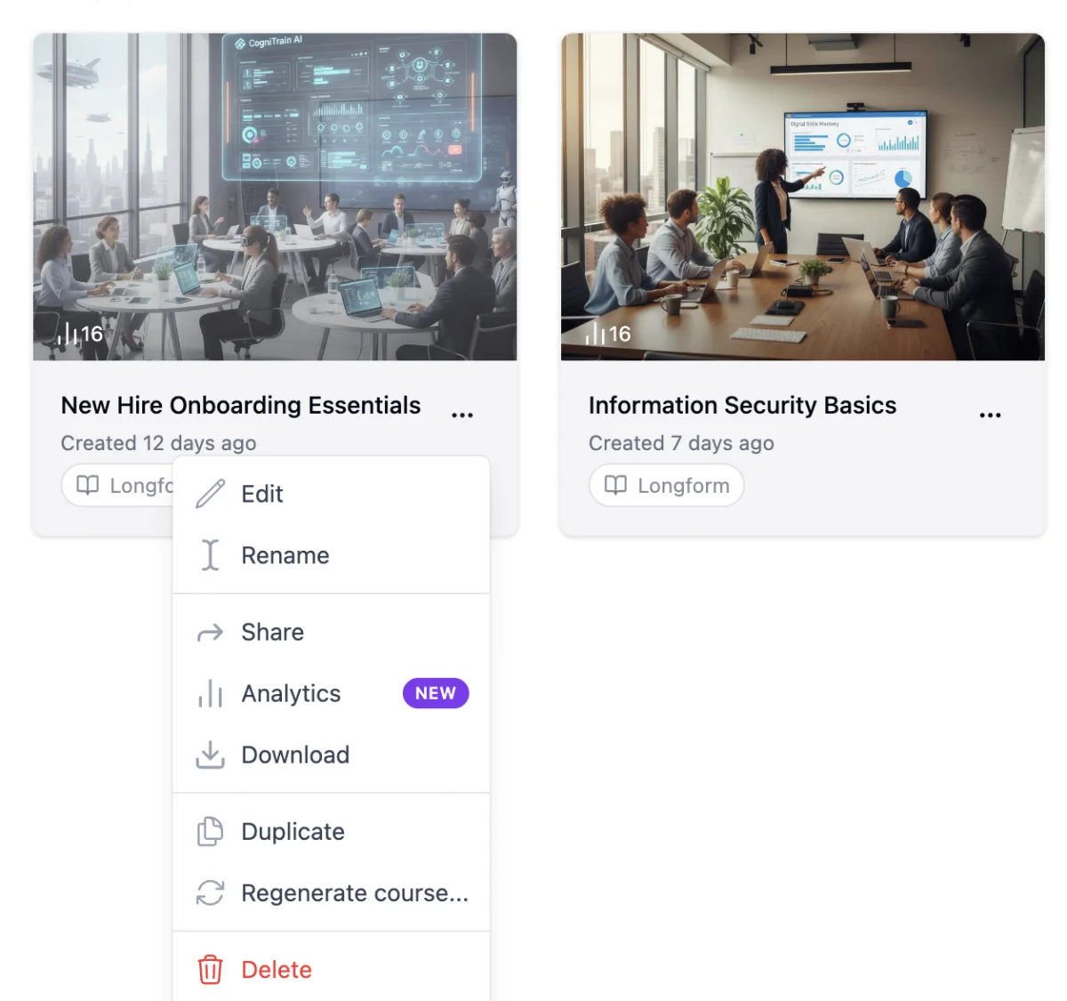 Course card menu on the LearningStudioAI courses page with a new Analytics item