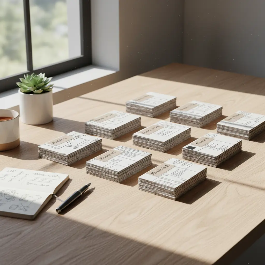 Document pages being organized into course module cards on a desk