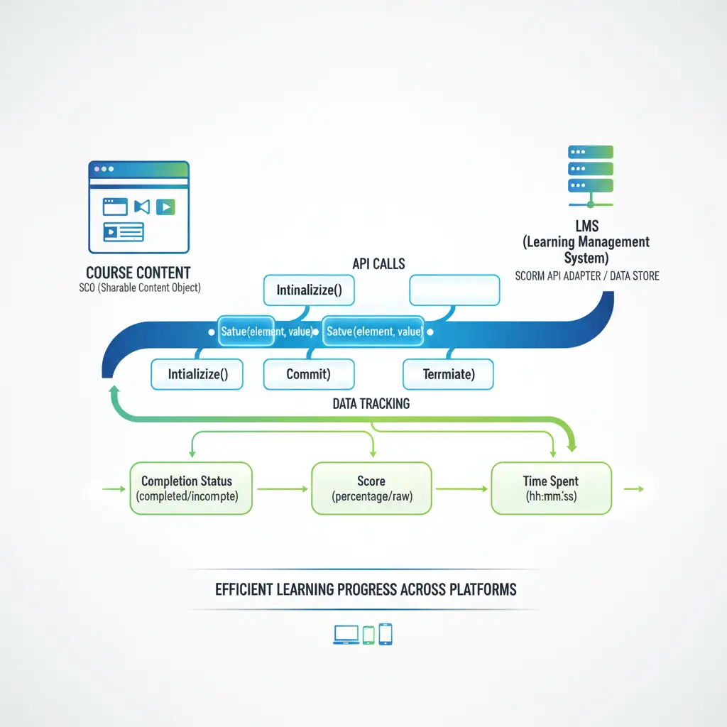 Diagram of SCORM runtime communication between course content and an LMS, showing API calls and data tracking
